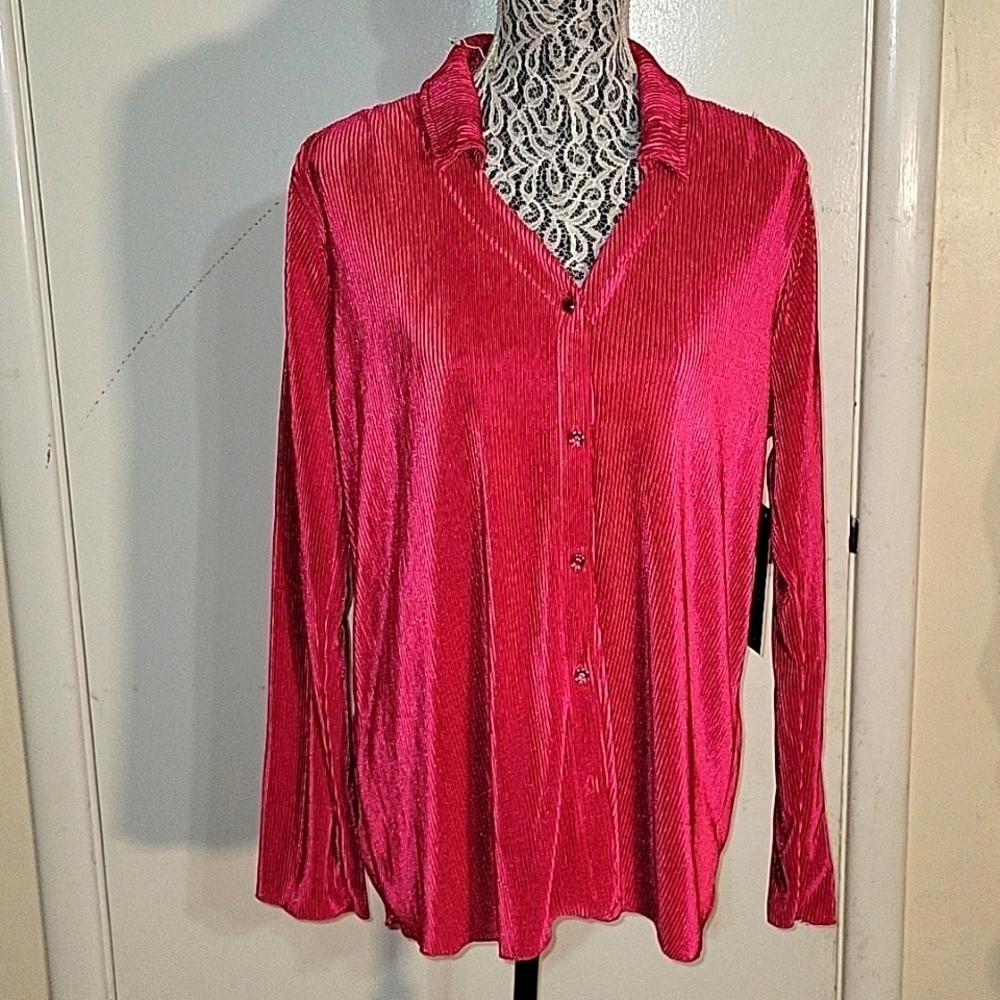 Crushed Velvet Button Down Top Long Sleeve Shirt Fuchsia‎